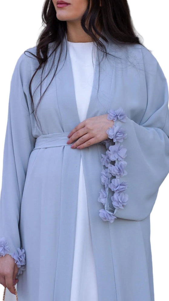 Gray Sleeve 3D Floral Detailed Abaya