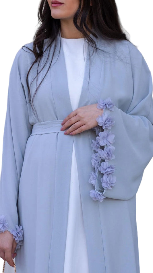 Gray Sleeve 3D Floral Detailed Abaya
