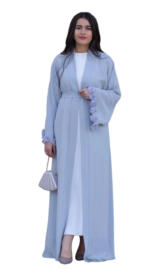 Gray Sleeve 3D Floral Detailed Abaya