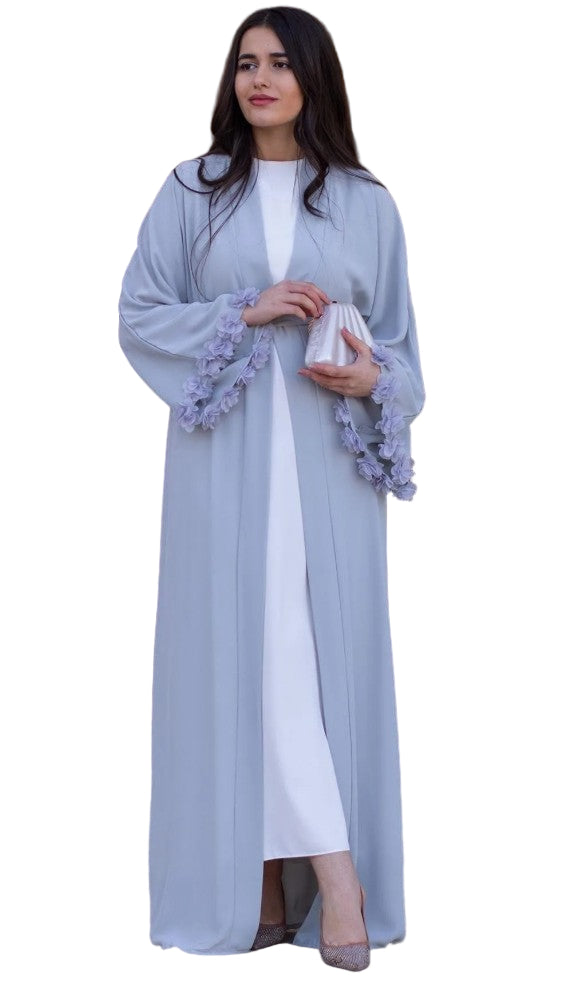 Gray Sleeve 3D Floral Detailed Abaya