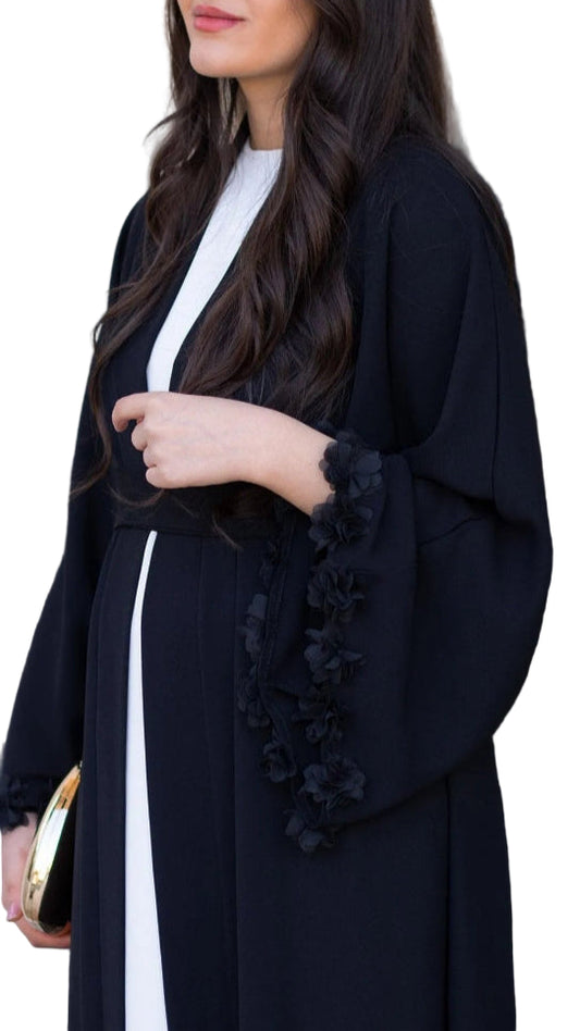 Black Sleeve 3D Floral Detailed Abaya
