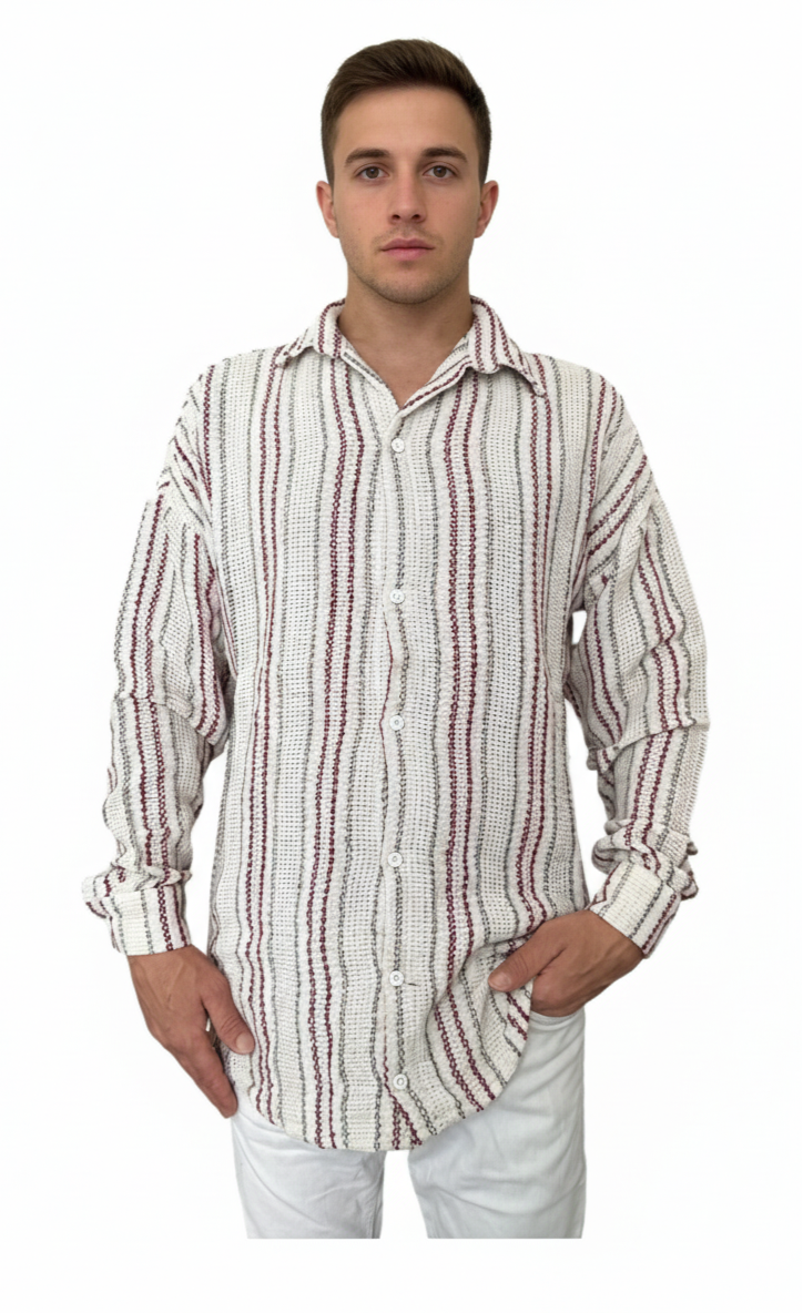 Striped Mandarin Collar Shirt - Burgundy