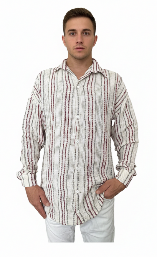 Striped Mandarin Collar Shirt - Burgundy