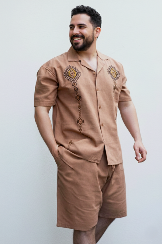 Apache Collar, Embroidered Detail, Short Sleeve Shirt and Shorts Set - Brown