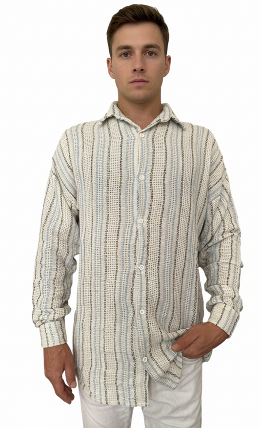 Striped Mandarin Collar Shirt - Blue