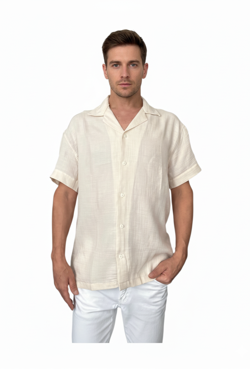 Apache Collar Chain Stitch Short Sleeve Muslin Shirt-Beige