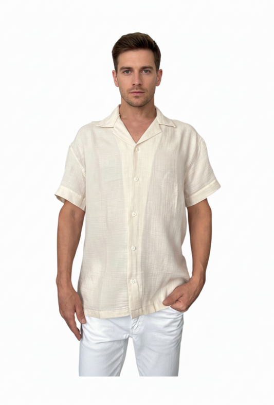 Apache Collar Chain Stitch Short Sleeve Muslin Shirt-Beige