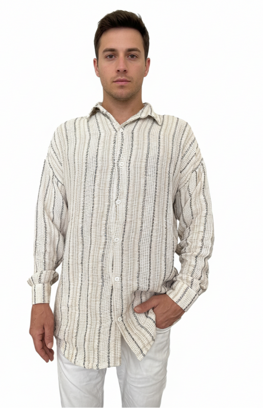 Striped Mandarin Collar Shirt - Beige