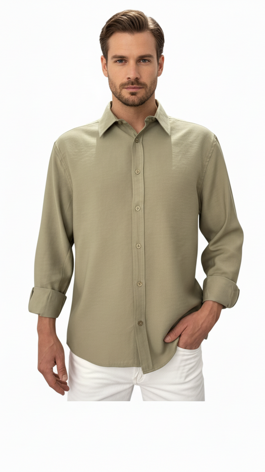Stand Collar Long Sleeve Shirt-Khaki