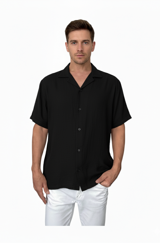 Apache Collar Short Sleeve Muslin Shirt-Black