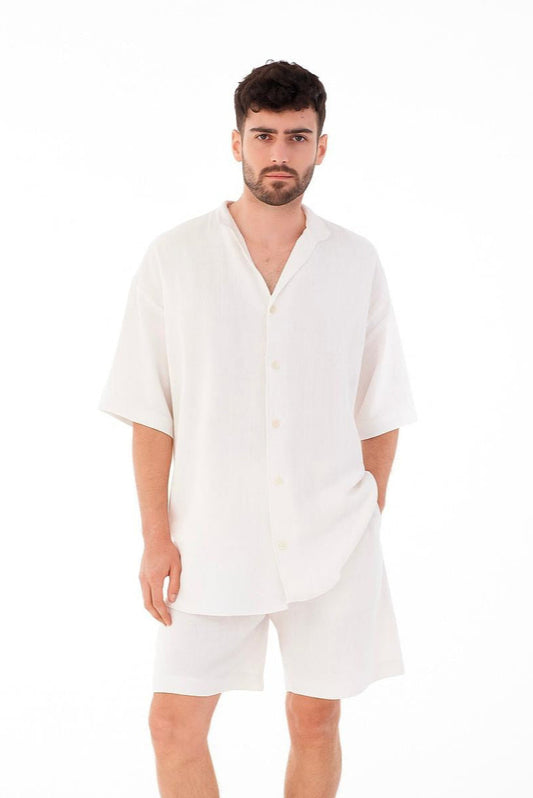 Mandarin Collar Linen Shirt & Shorts Set-White