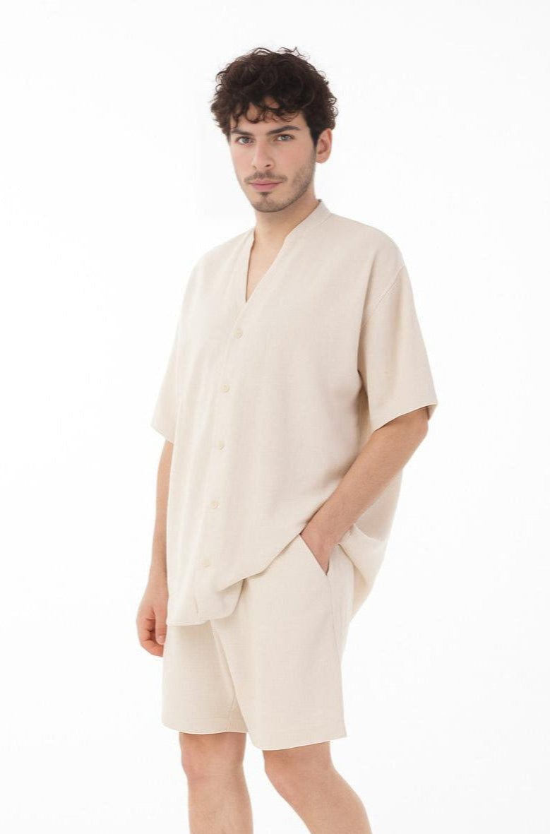 Mandarin Collar Linen Shirt & Shorts Set-Beige
