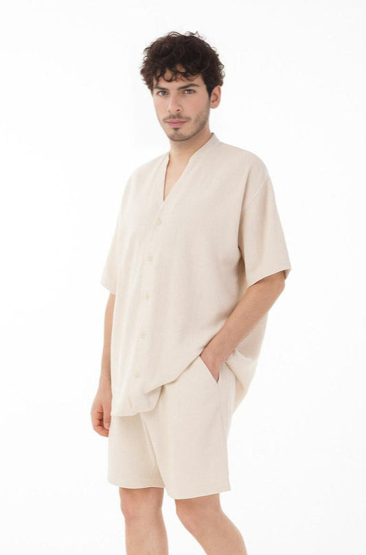 Mandarin Collar Linen Shirt & Shorts Set-Beige