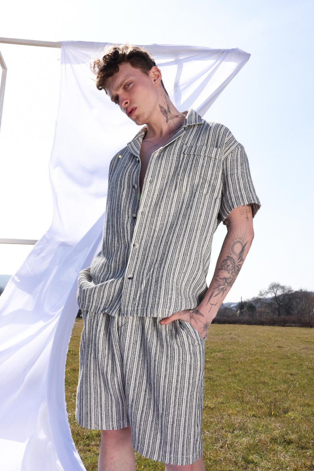 Apache Collar Shirt-Shorts Set-Indigo