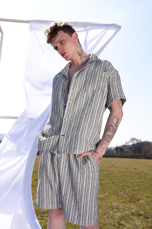 Apache Collar Shirt-Shorts Set-Indigo