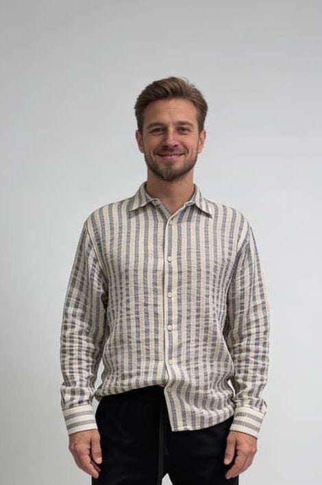 Striped Band Collar Long Sleeve Shirt - Black