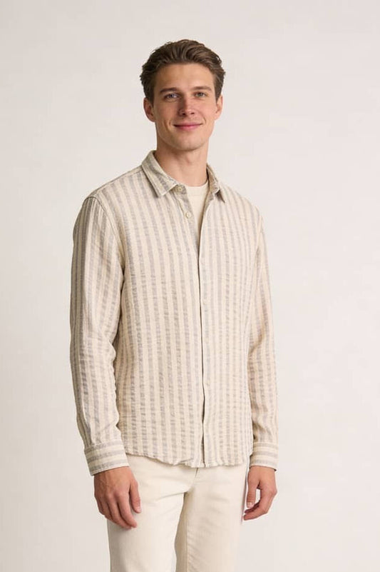 Striped Band Collar Long Sleeve Shirt - Beige