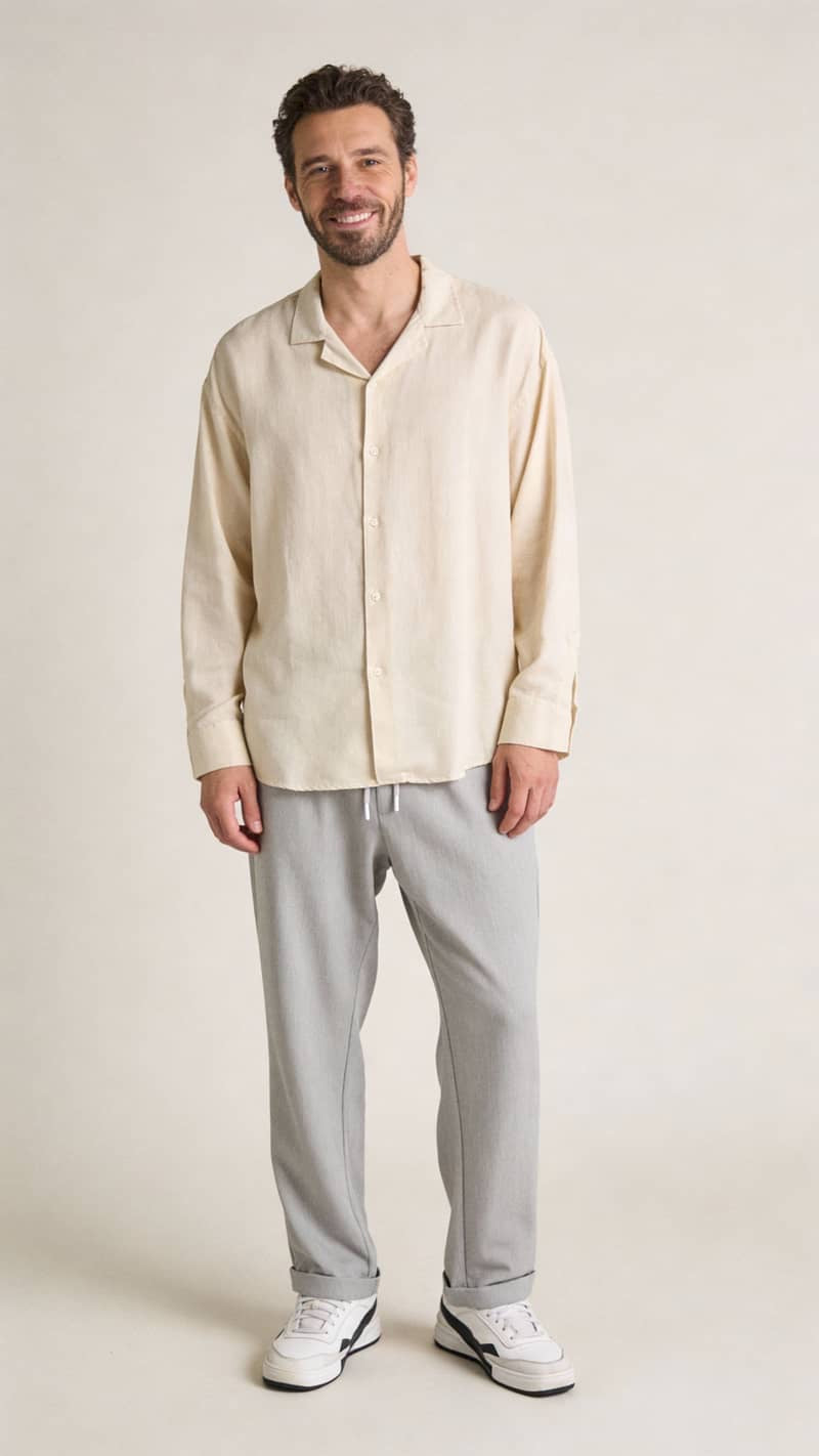 Apache Collar Back Pleated Long Sleeve Shirt - Beige