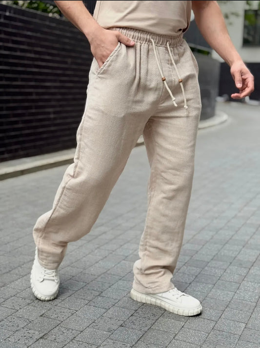 Baggy Panama Linen Trousers - Beige