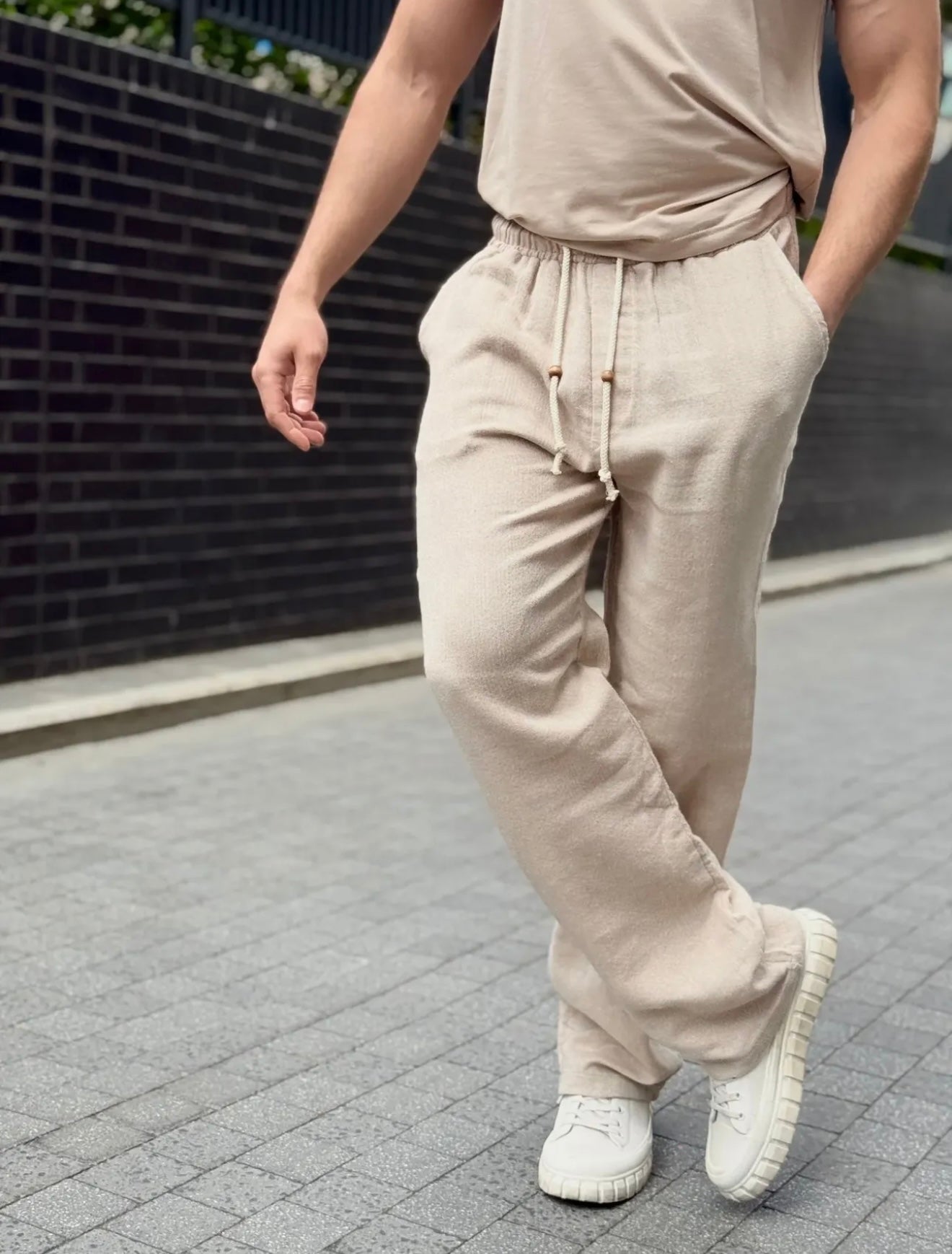 Baggy Panama Linen Trousers - Beige