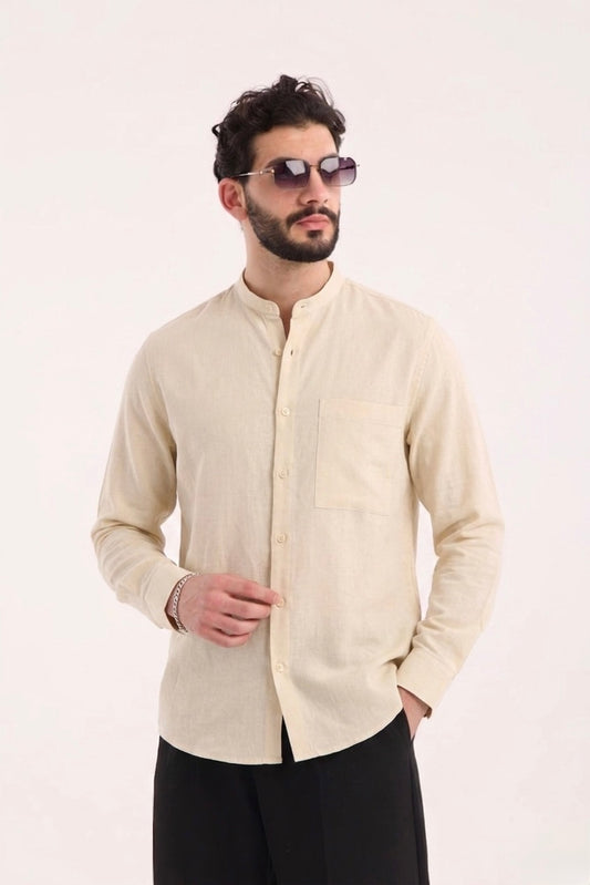 Mandarin Collar, Single Pocket Detail, Long Sleeve Cotton Shirt - Beige
