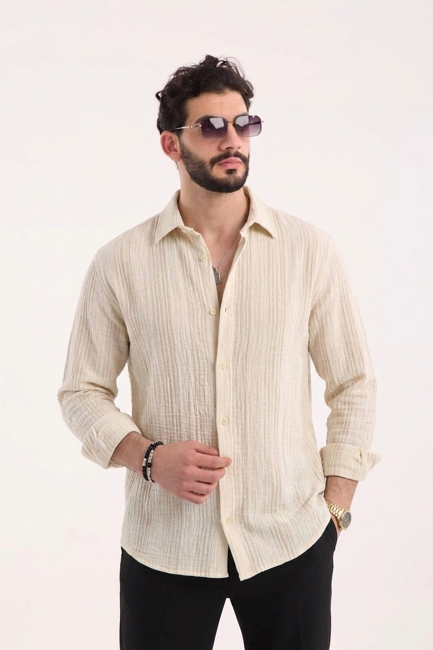 Striped Muslin Shirt with Stand Collar - Beige