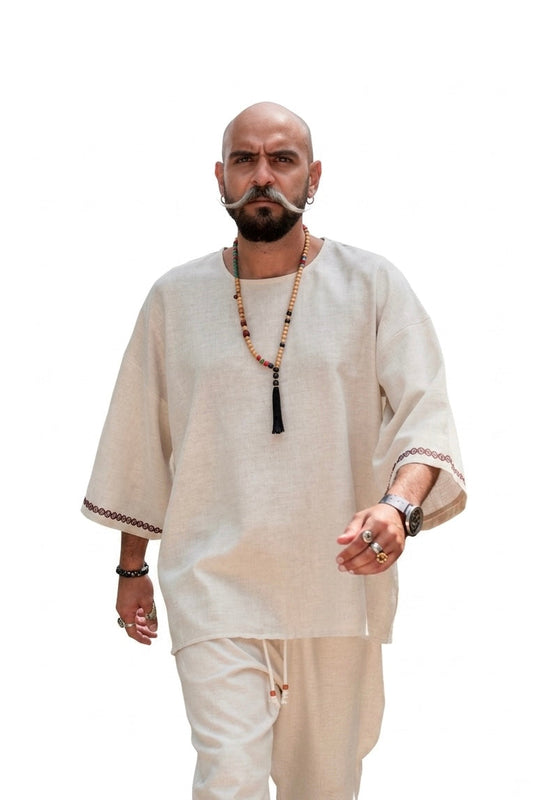 Harem Style Viscose Linen T-Shirt - Ecru