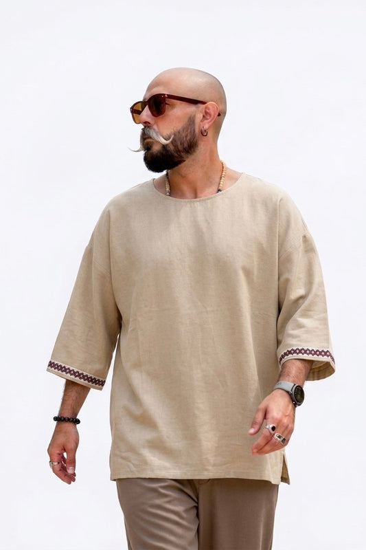 Harem Style Viscose Linen T-Shirt - Beige