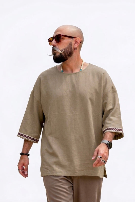 Harem Style Viscose Linen T-Shirt - Khaki
