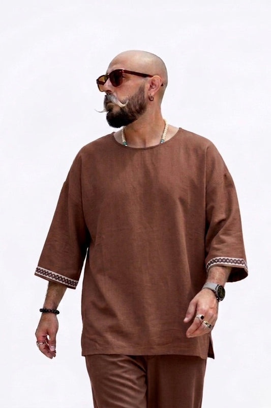 Harem Style Viscose Linen T-Shirt - Brown