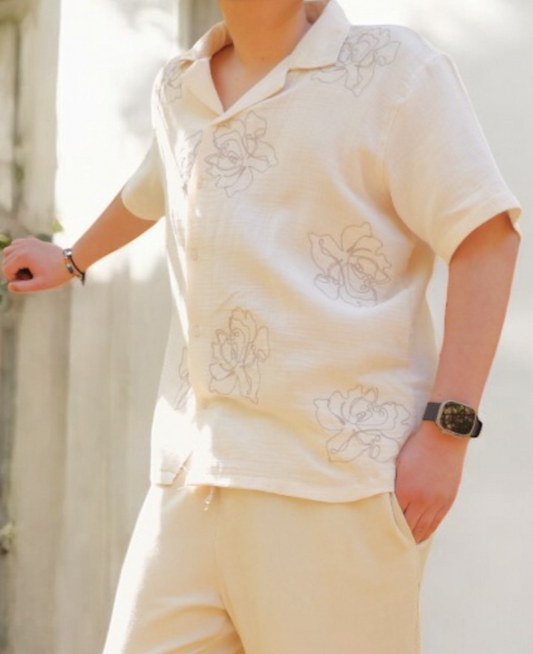Apache Collar Short Sleeve Embroidered Muslin Shirt - Beige