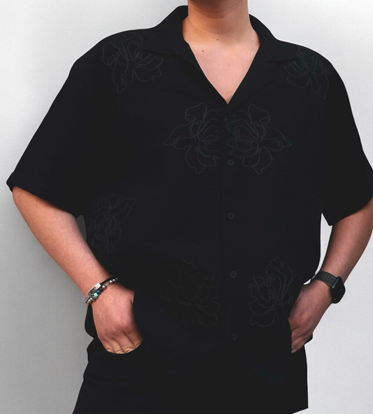 Apache Collar Short Sleeve Embroidered Muslin Shirt - Black
