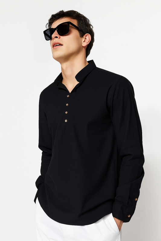Black Slim Fit Half Placket Judge Collar 100% Cotton