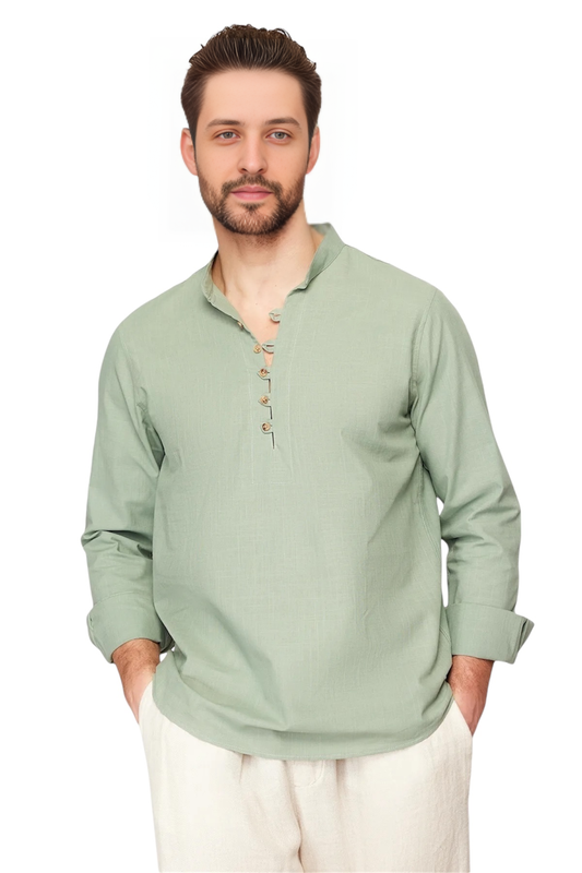 Light Khaki Slim Fit Half Placket Judge Collar 100% Cotton