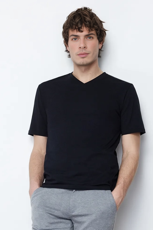 Black V-Neck Slim Fit Basic T-Shirt - 100% Cotton, Short Sleeve