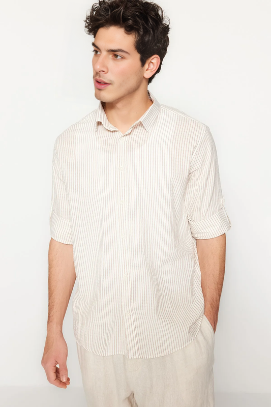Camel Colored Linen Blend - Regular Fit Striped Shirt