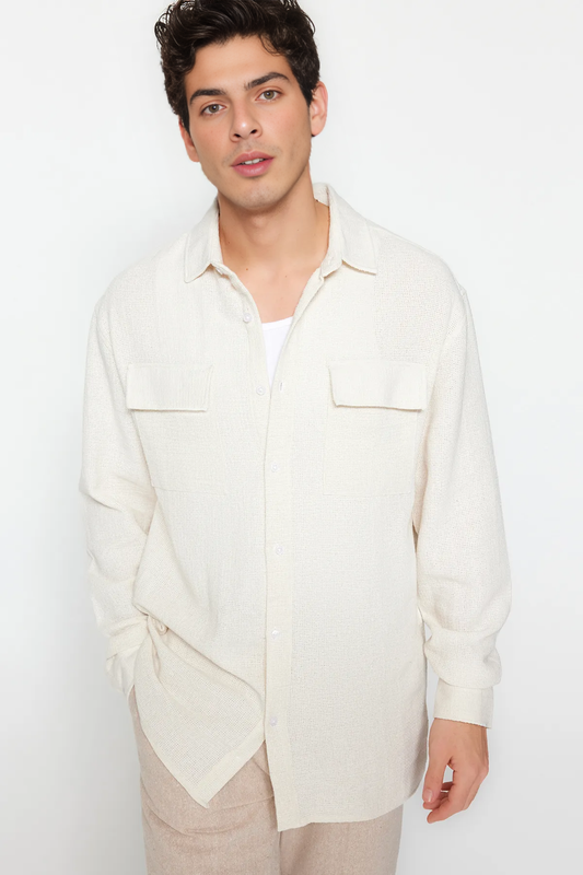 Oversize Linen Texture Ecru Jacket Shirt - Double Pocket
