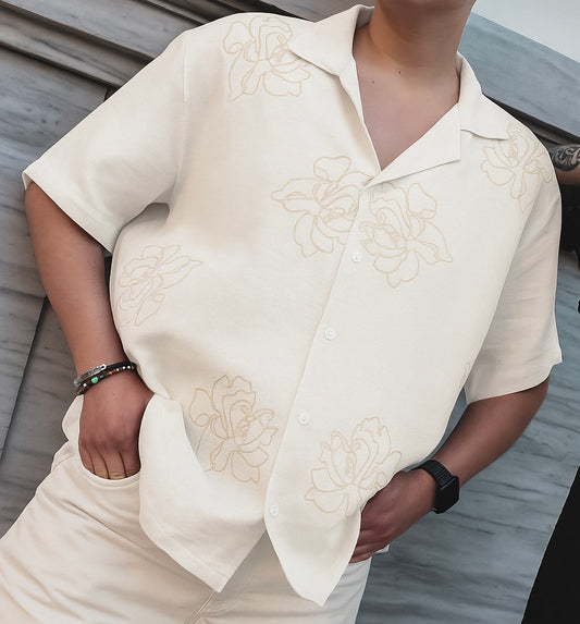 Apache Collar Short Sleeve Embroidered Muslin Shirt - White