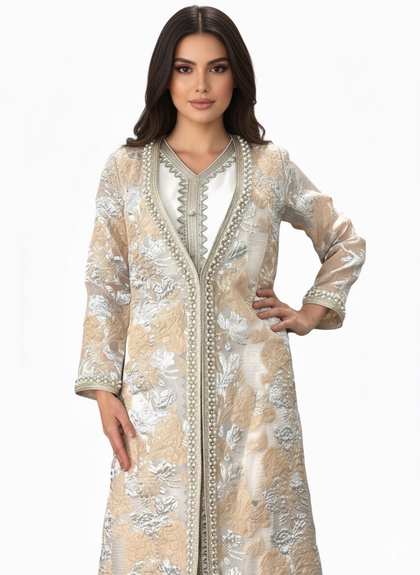 Beige Floral Patterned Pearl-Embellished Kaftan Abaya – 3-Piece Set
