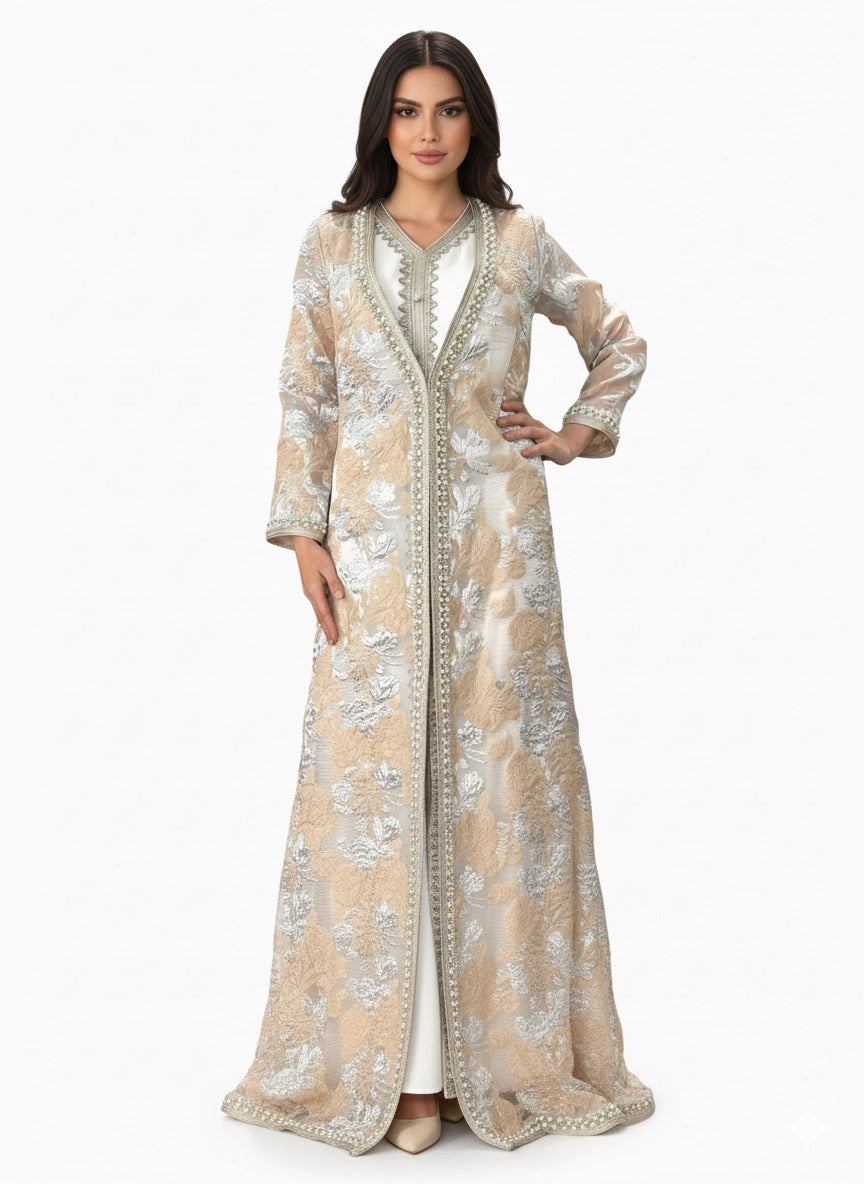 Beige Floral Patterned Pearl-Embellished Kaftan Abaya – 3-Piece Set