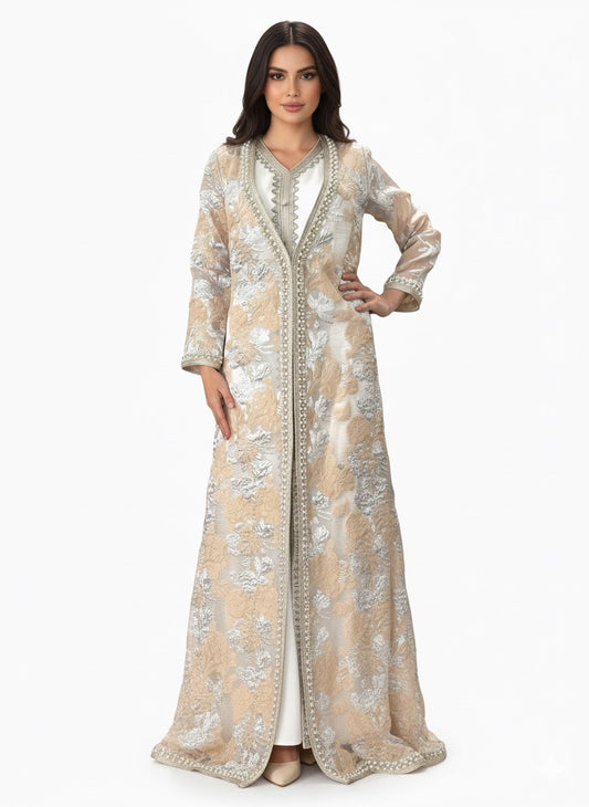 Beige Floral Patterned Pearl-Embellished Kaftan Abaya – 3-Piece Set