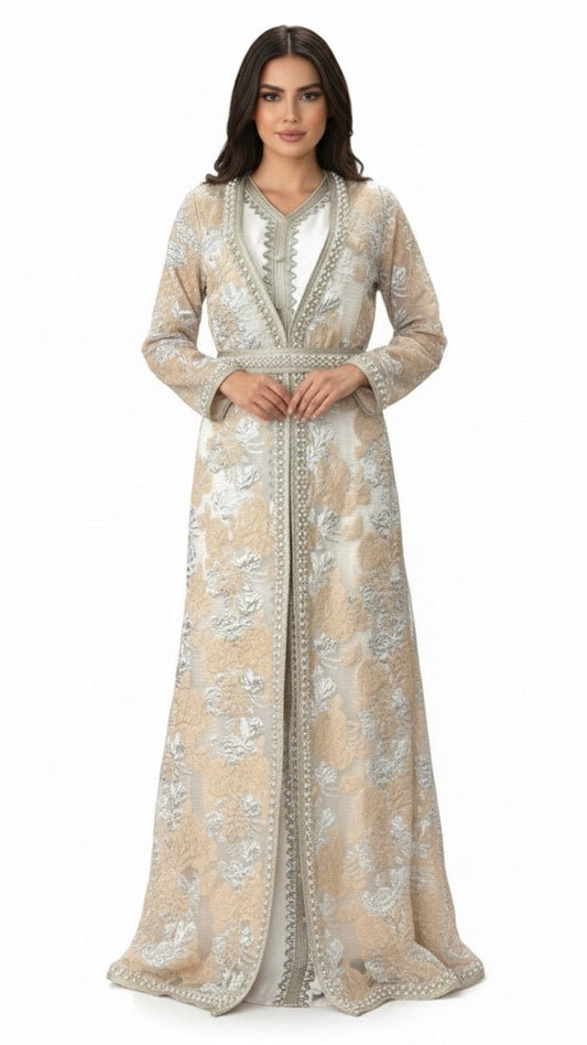 Beige Floral Patterned Pearl-Embellished Kaftan Abaya – 3-Piece Set