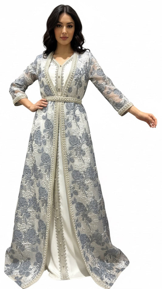 Blue Floral Patterned Pearl-Embellished Kaftan Abaya – 3-Piece Set