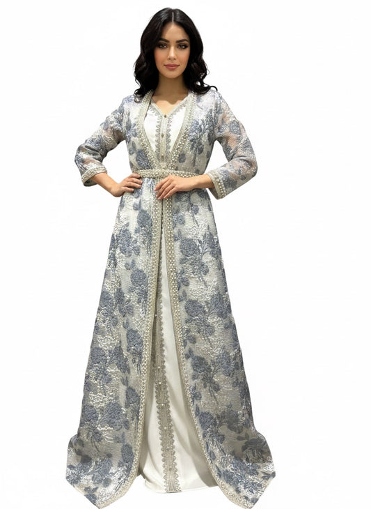 Blue Floral Patterned Pearl-Embellished Kaftan Abaya – 3-Piece Set