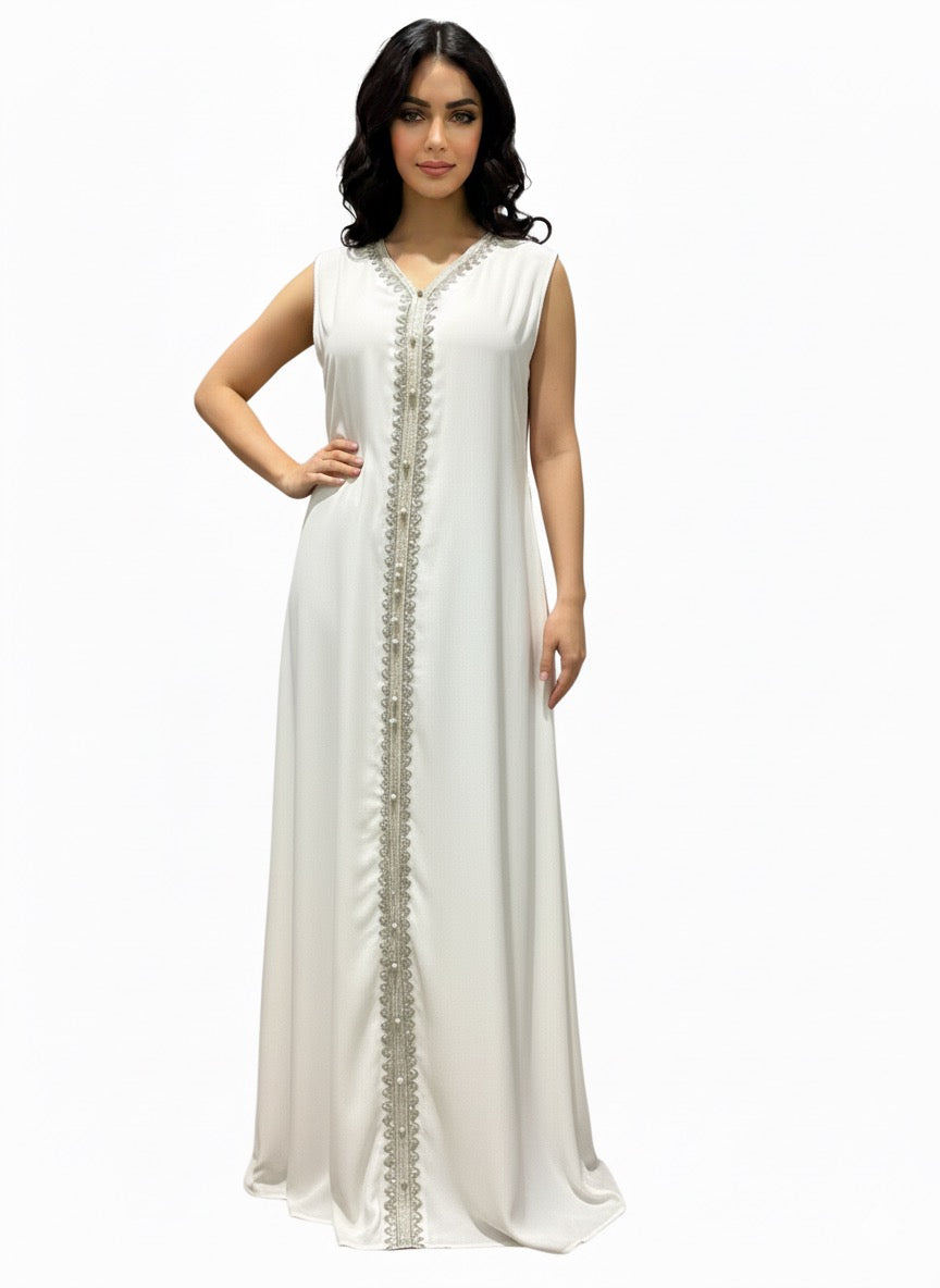 Blue Floral Patterned Pearl-Embellished Kaftan Abaya – 3-Piece Set