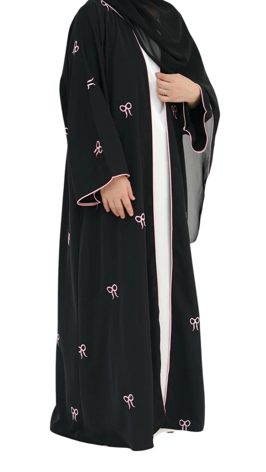 Black Abaya with Pink Bow Embroidery