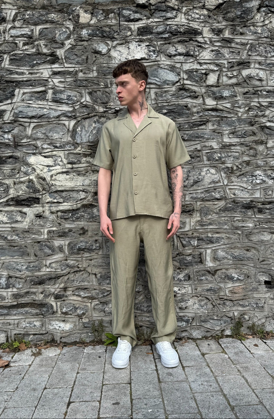 Short Sleeve Shirt Zippered Pants Set-Green