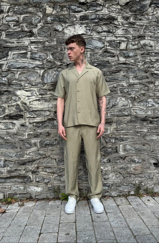 Short Sleeve Shirt Zippered Pants Set-Green