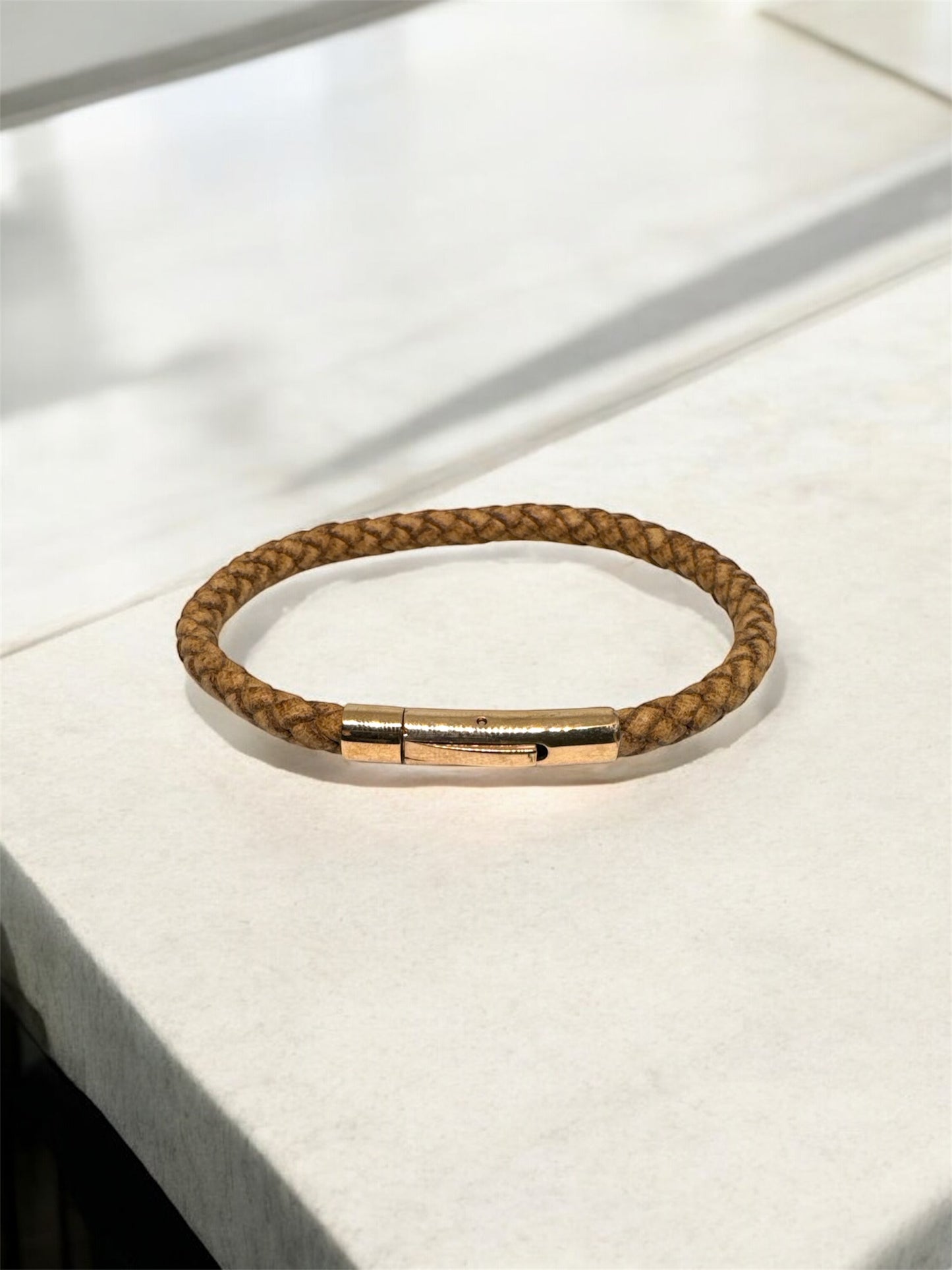 Zircon Clasp Cross Braided Light Brown Natural Leather Bracelet