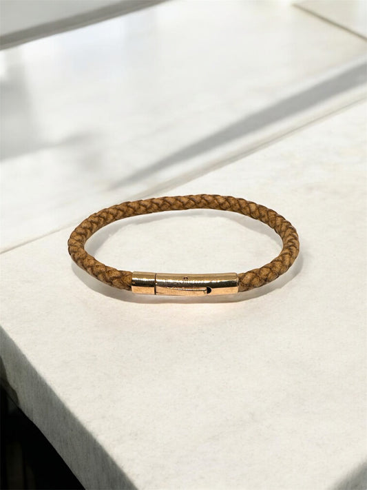 Zircon Clasp Cross Braided Light Brown Natural Leather Bracelet